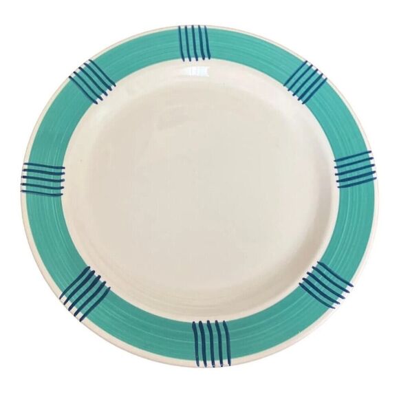 Pier 1 Dinner Plate Full Set X6 Green Band Blue Stripes Serveware Decor Dining - Picture 12 of 12